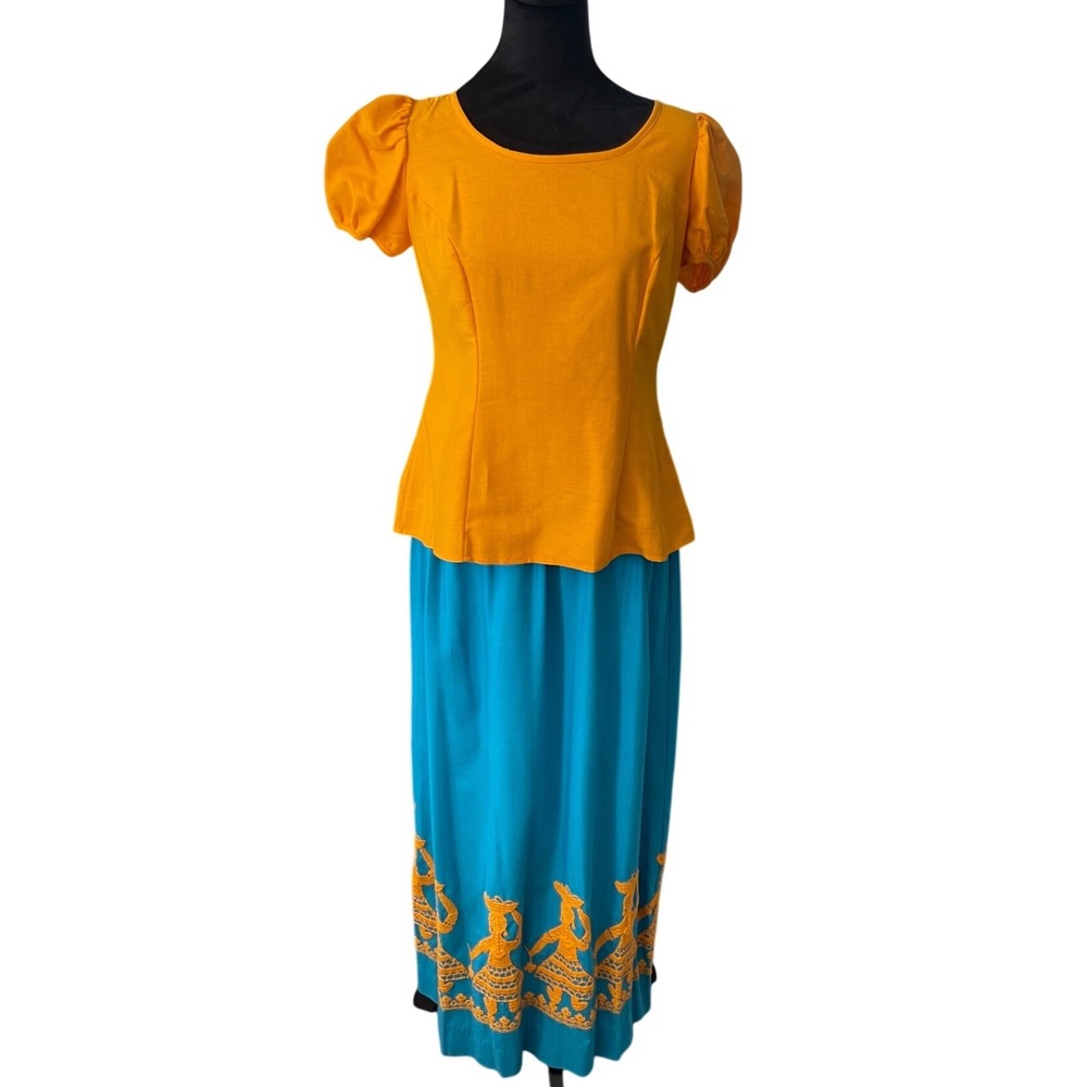 LANZ Orig Vintage 60 Yellow Puff Sleeve Peplum Top Blue Embroidered Maxi Skirt‎